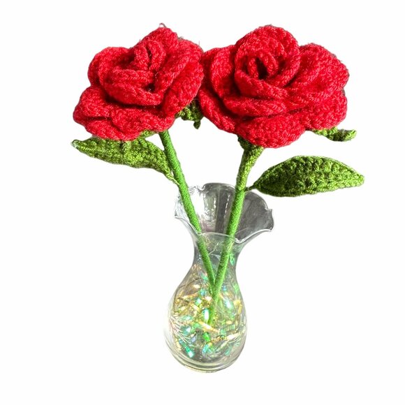 🌹Bundle of 2 Handmade Crochet Flower Rose Red 3*3 Inches special gift New - Picture 1 of 6